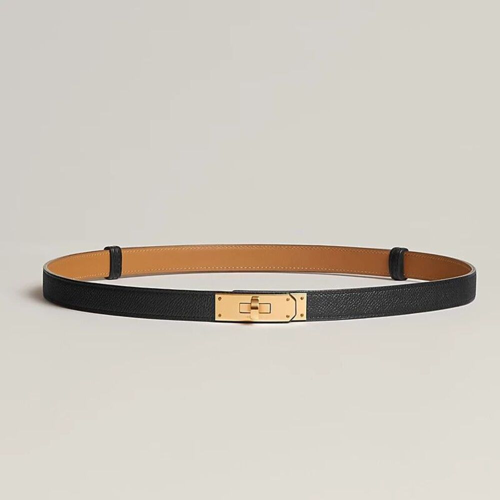 HERMES Kelly 18 adjustable belt in Black leather, yellow gold-plated buckle, NIB